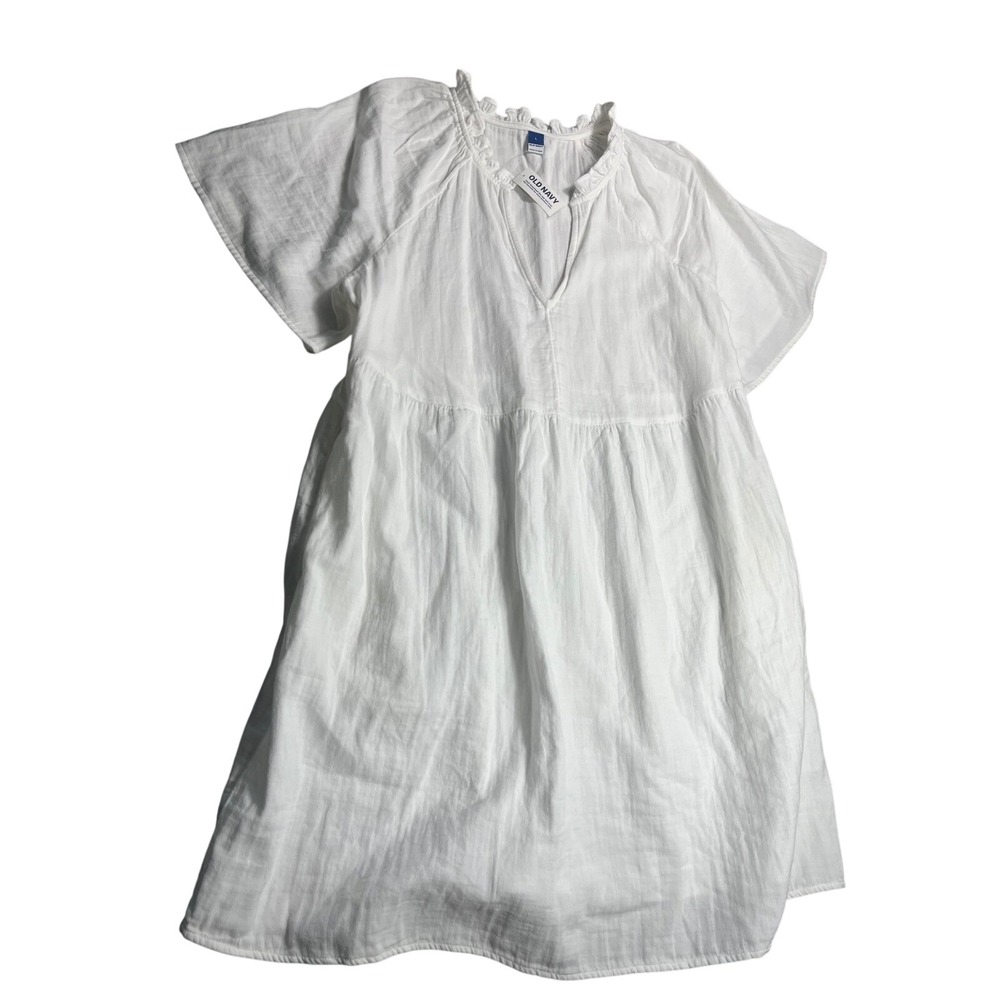 Old Navy Women's Large White 100% Cotton Mini Dress Ruffle Neck NWT